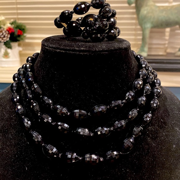 Vintage Jewelry - Black Oil Slick 3 Strand Beaded Necklace and Coiled Bracelet. Faceted.